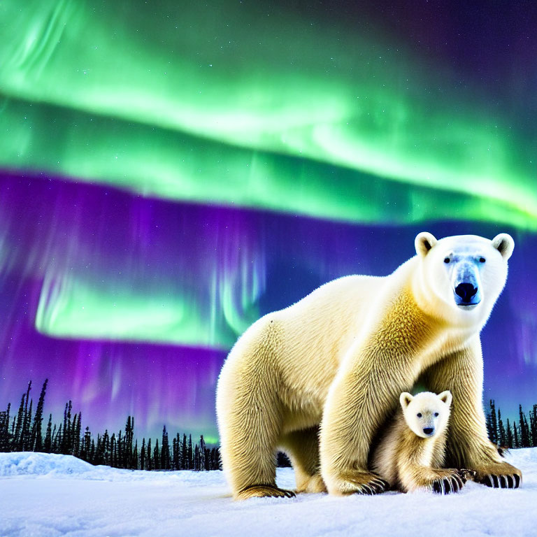 Polar Bear and Cub under Aurora Borealis
