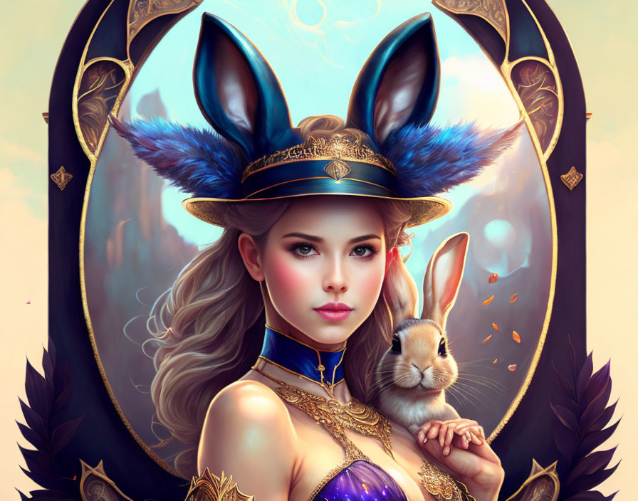 Woman with rabbit ears in blue and gold military attire holding a bunny in fantasy setting