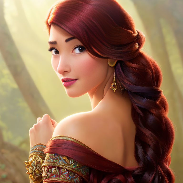 Female animated character with braided side ponytail in ornate garment against forest.