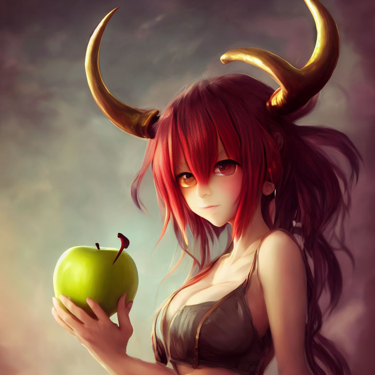 Red-Haired Character with Horns Holding Green Apple Illustration