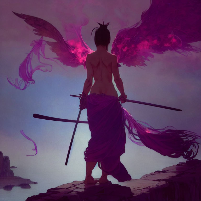 Ethereal figure with purple wings holding swords on cliff edge