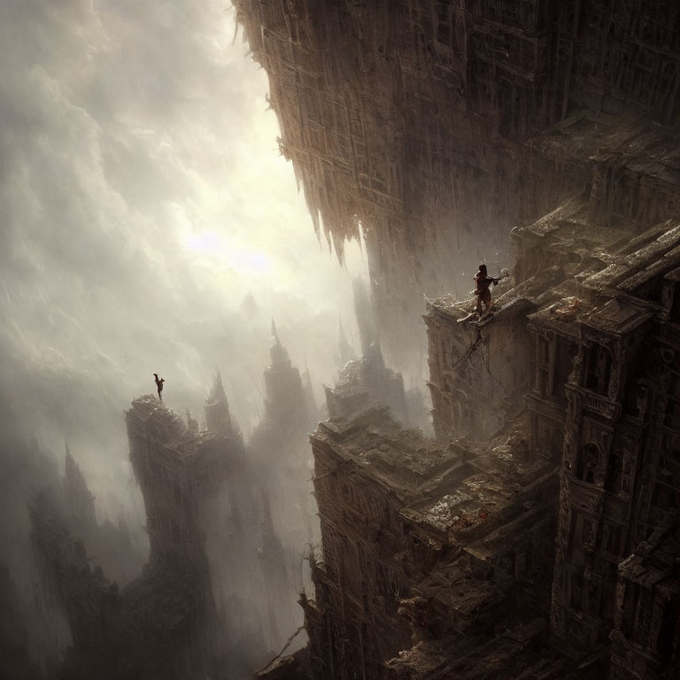 Intricate design on towering cliff with figure in misty ruins