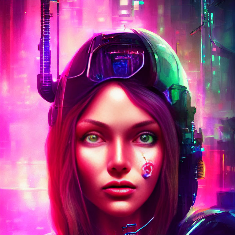 Futuristic helmet on woman with green eyes amid neon lights
