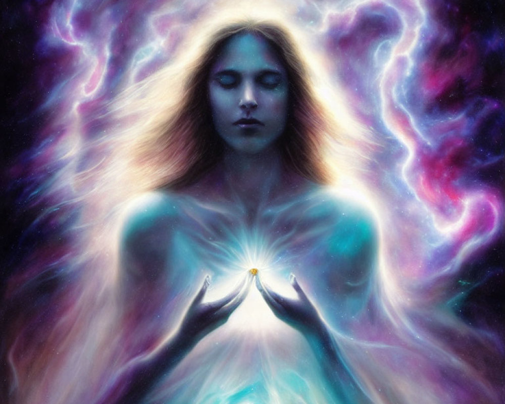 Cosmic aura woman with closed eyes conjuring light in galactic colors