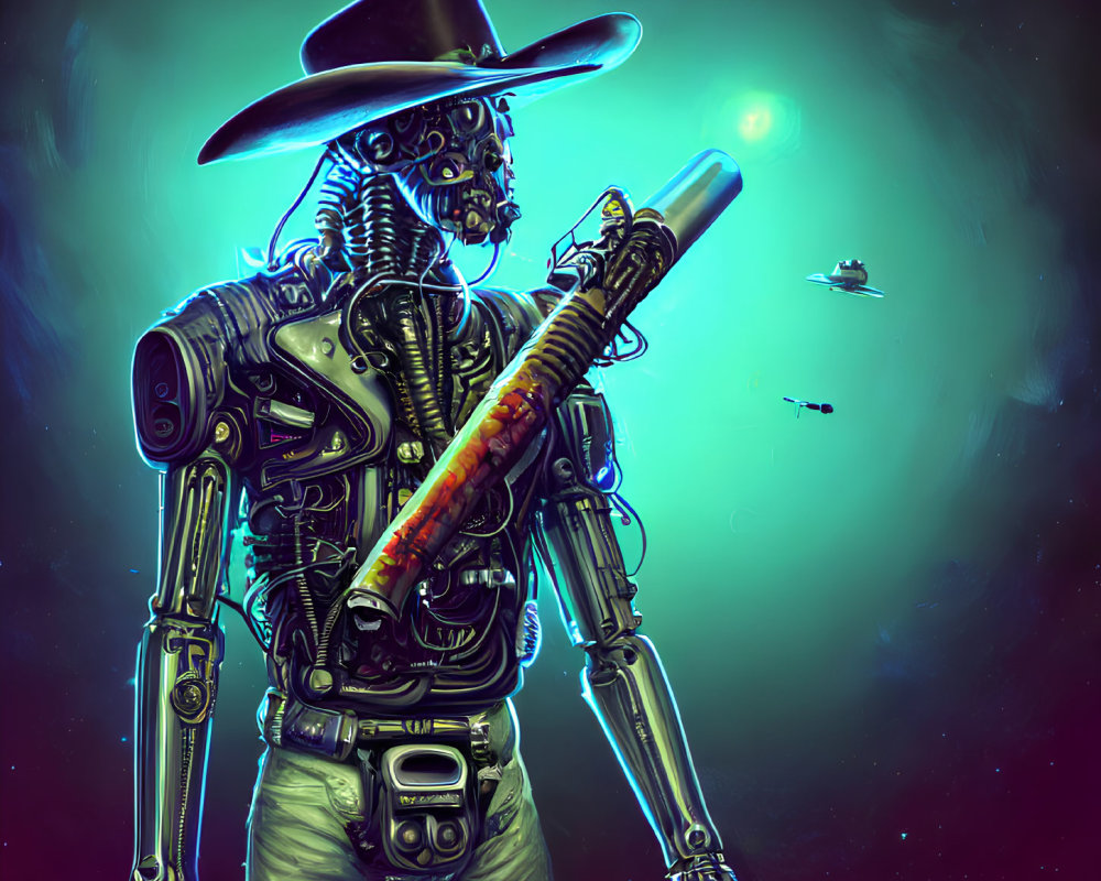 Cowboy Robot with Rifle in Cosmic Space Scene