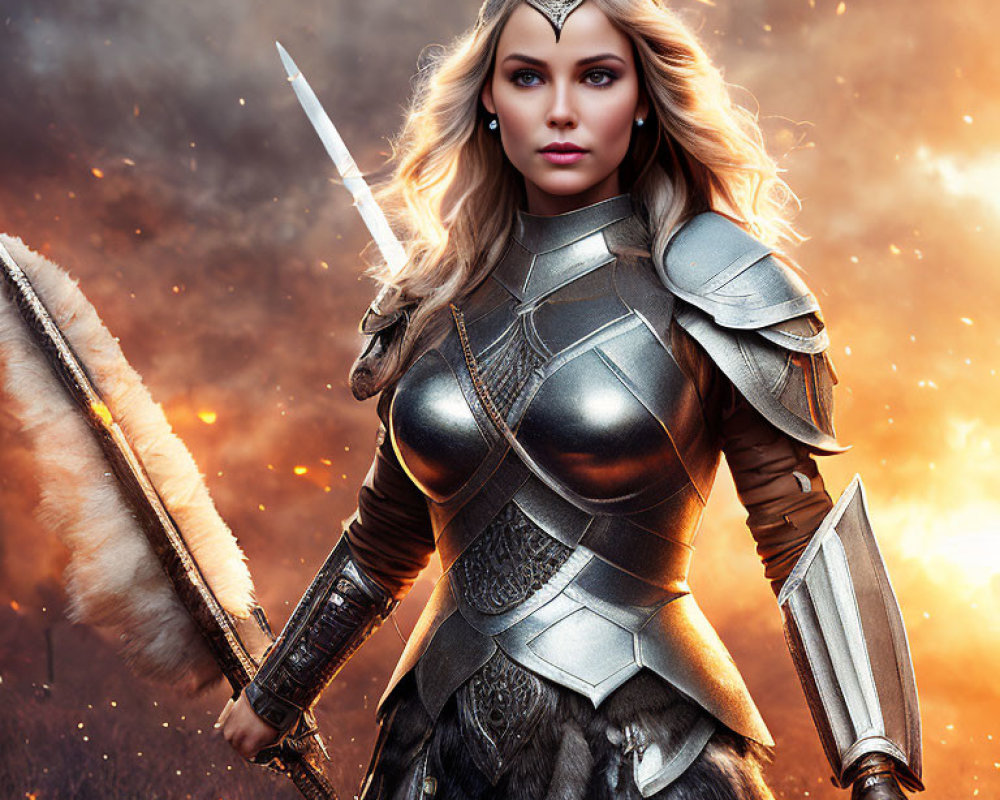 Warrior woman in silver armor with drawn sword in fiery backdrop