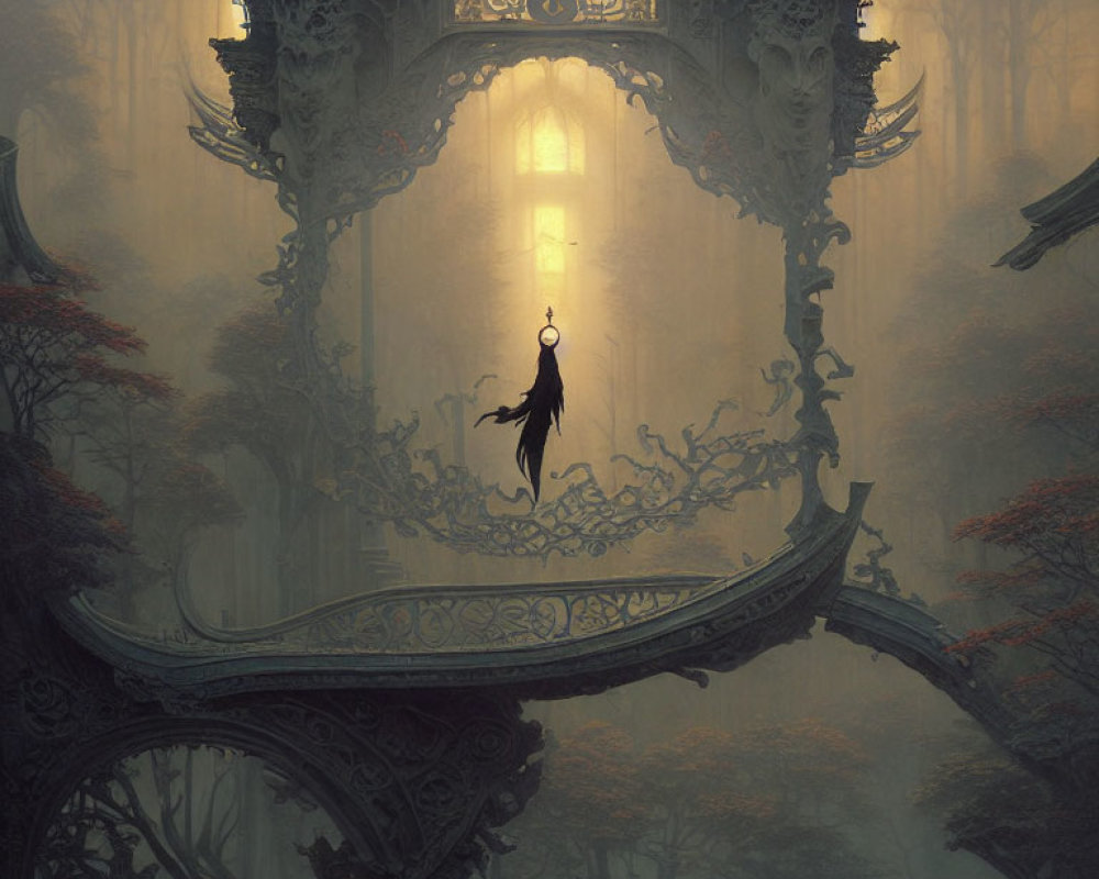 Mystical forest scene with figure swinging from ornate archway