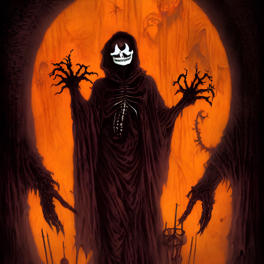 Robed Figure with Skull-like Face and Bony Hands in Eerie Setting