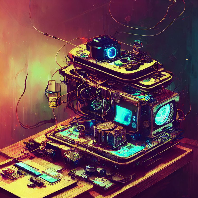 Colorful retro-futuristic device with stacked vintage radios, cables, and liquid container