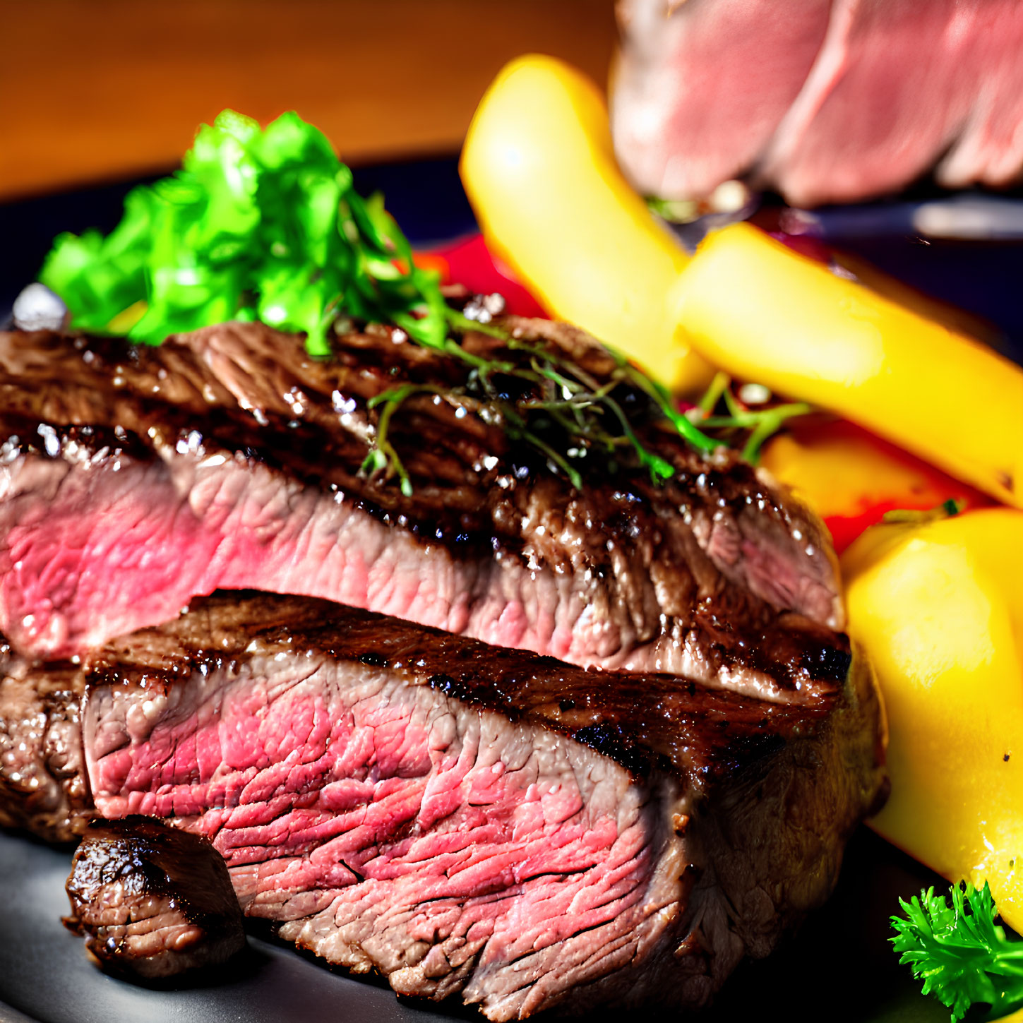 Sliced medium-rare steak with herbs, green salad, and yellow potatoes on dark plate