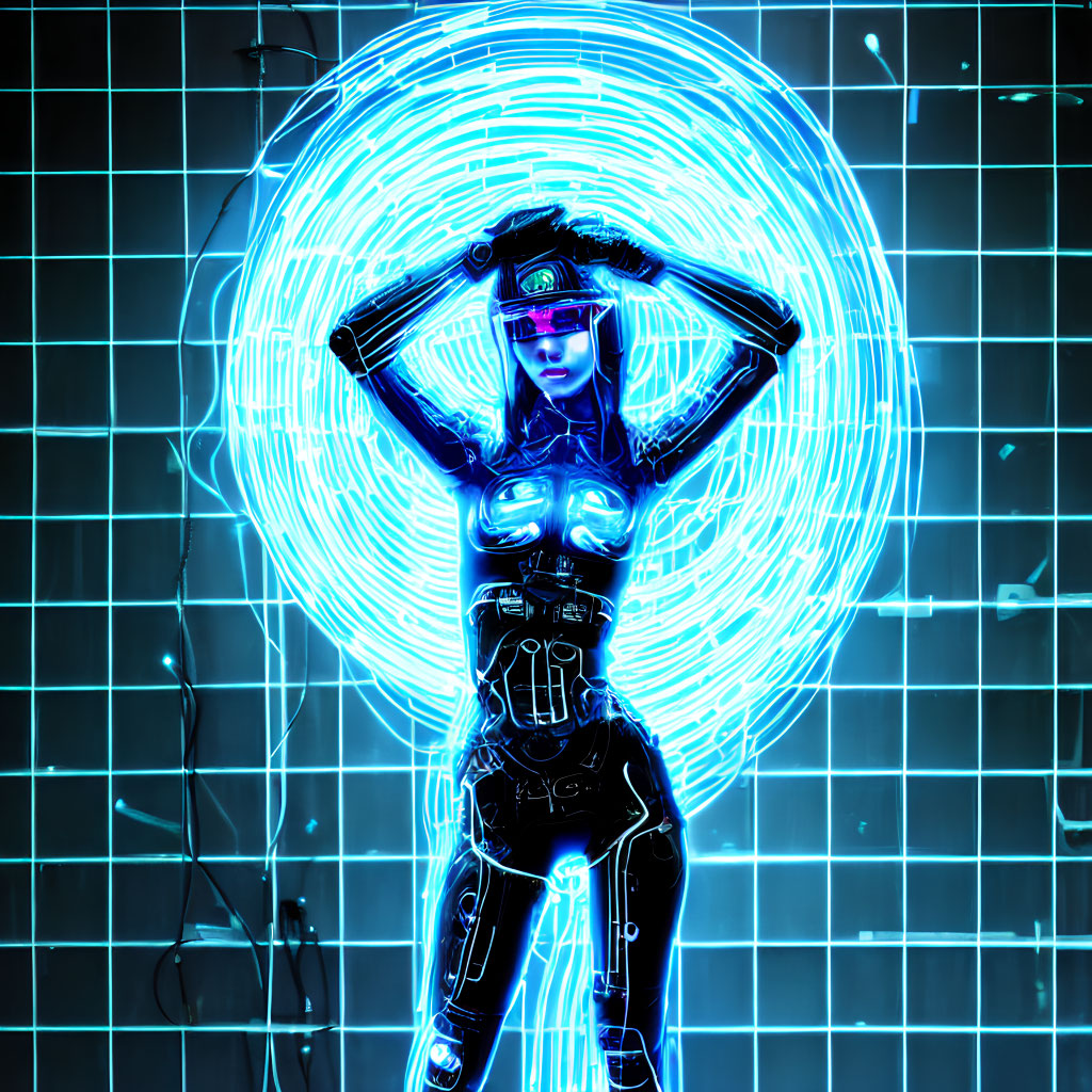 Futuristic female cyberpunk figure in neon lights with energy circle on grid background
