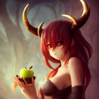 Red-Haired Character with Horns Holding Green Apple Illustration
