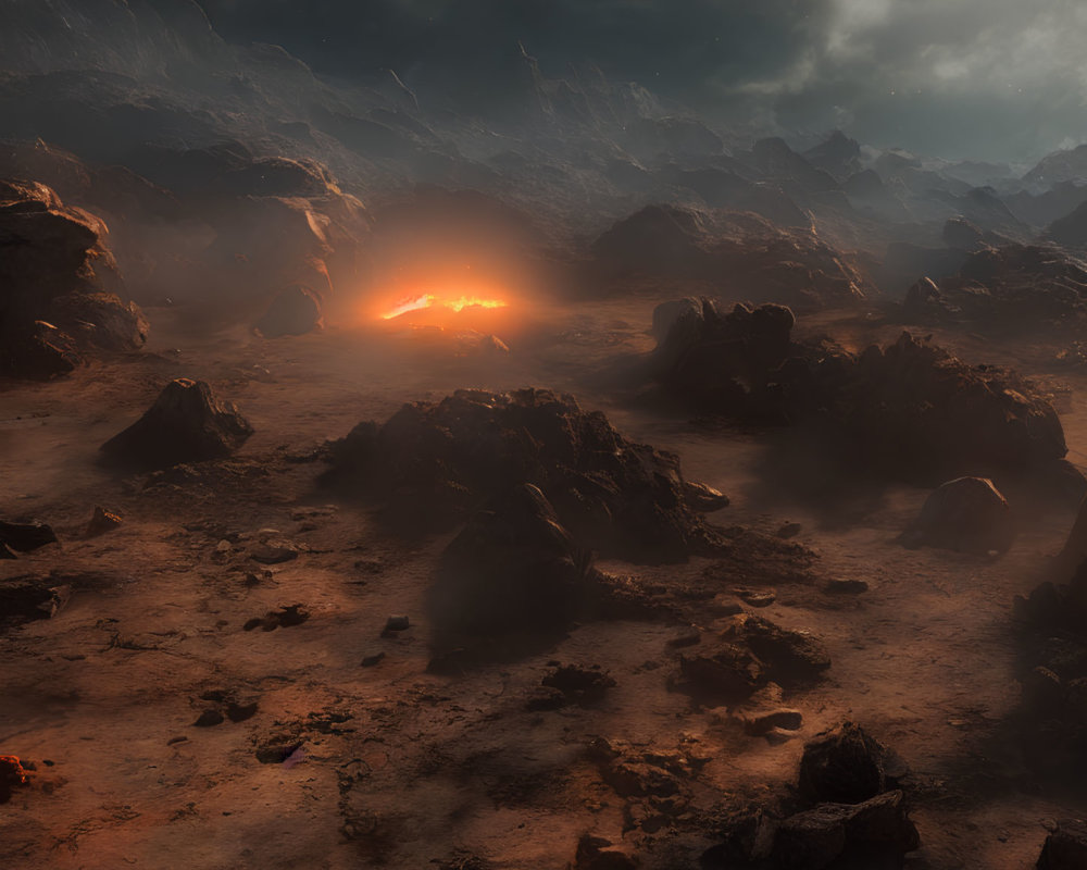 Desolate landscape with jagged rocks under stormy sky and glowing lava pit