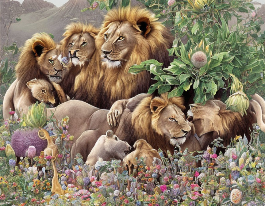 Pride of lions with males and cubs in vibrant floral setting