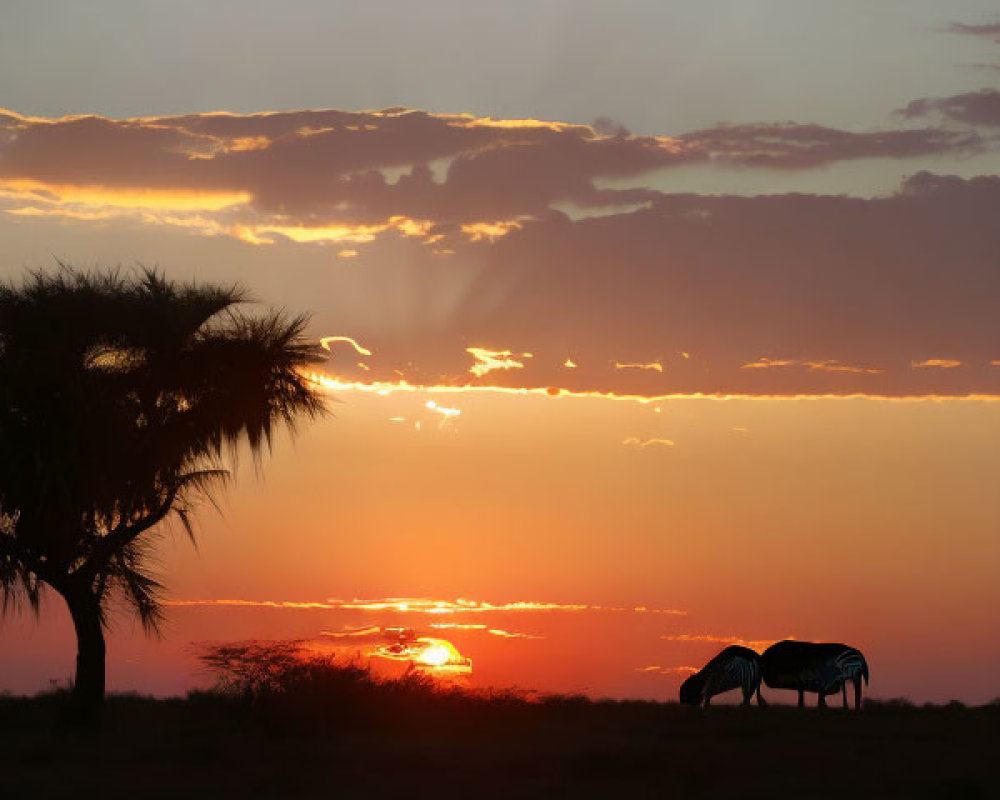 Zebras grazing under tree at sunset with vivid orange skies