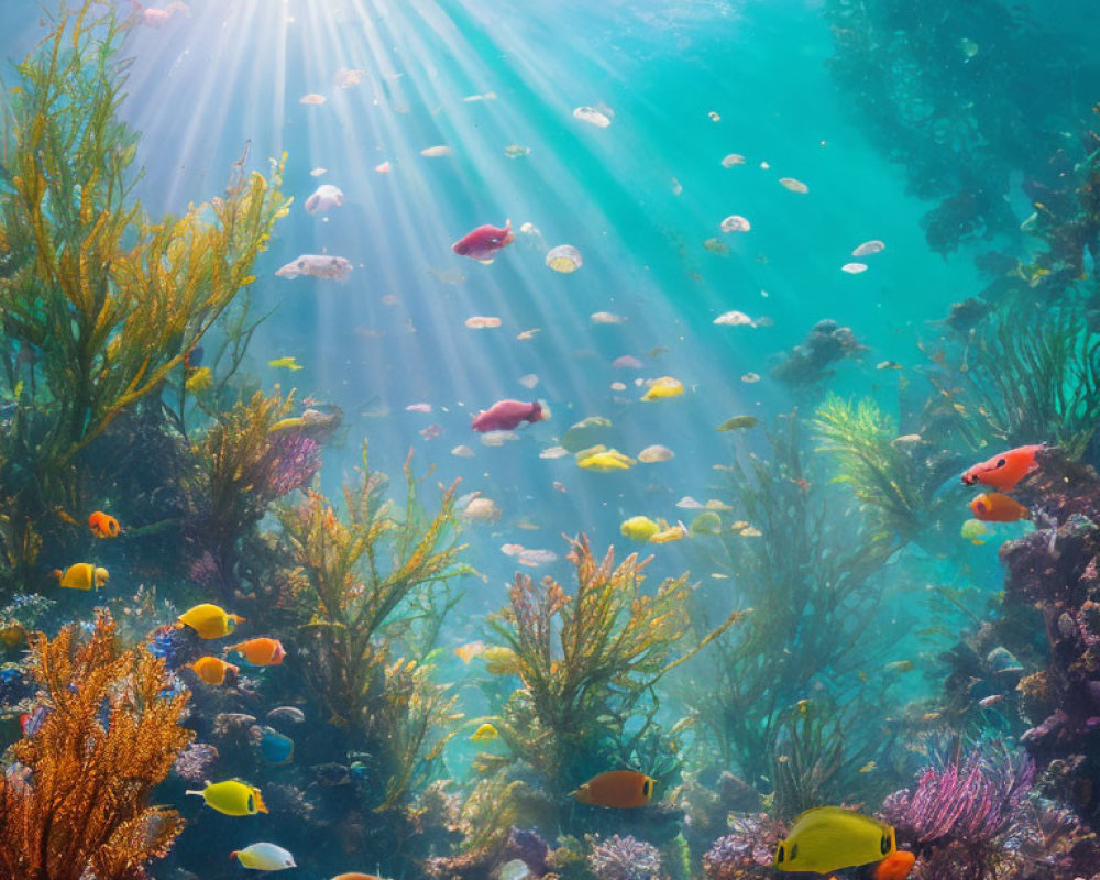 Vibrant underwater scene with colorful fish, coral, and seaweed.