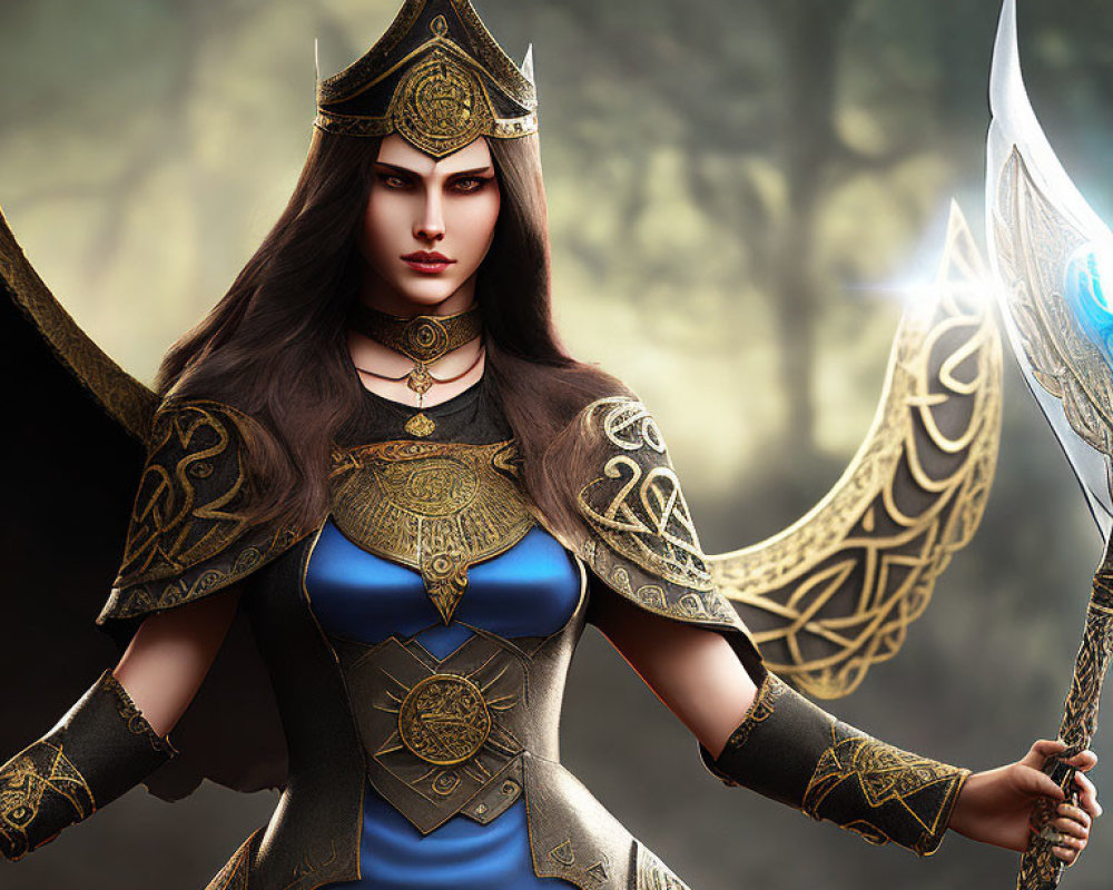 Female warrior in golden armor with glowing crescent blade in mystical forest