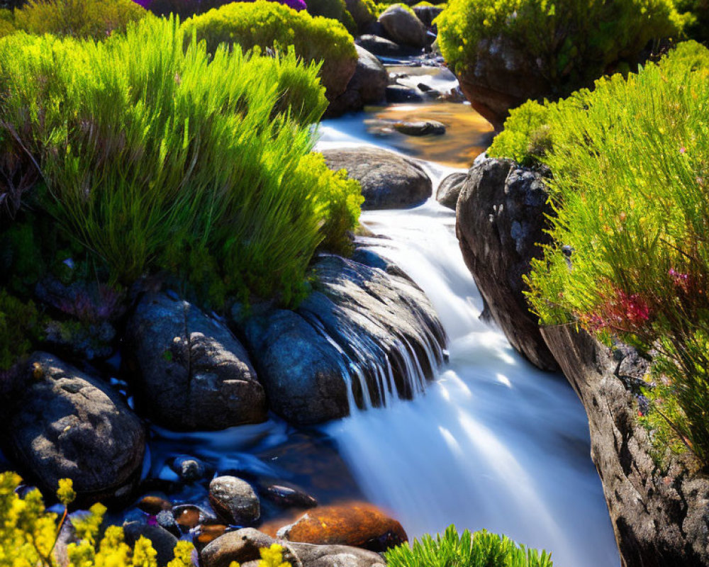 Tranquil stream with smooth water, rocks, lush greenery, and colorful plants