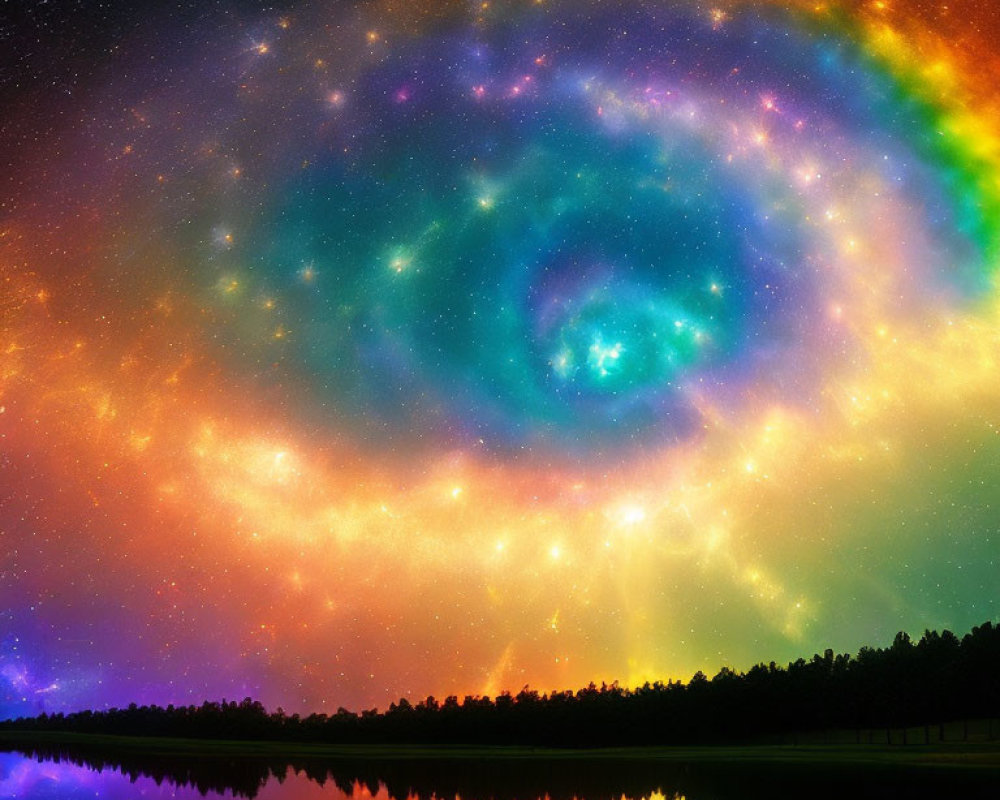 Colorful Galaxy Spiral Over Serene Lakeside Landscape