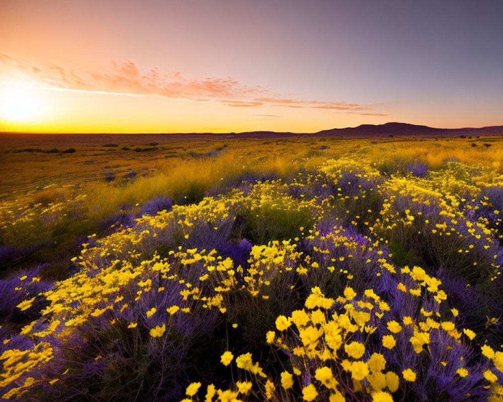 Colorful Sunset Over Blooming Field with Yellow and Purple Wildflowers