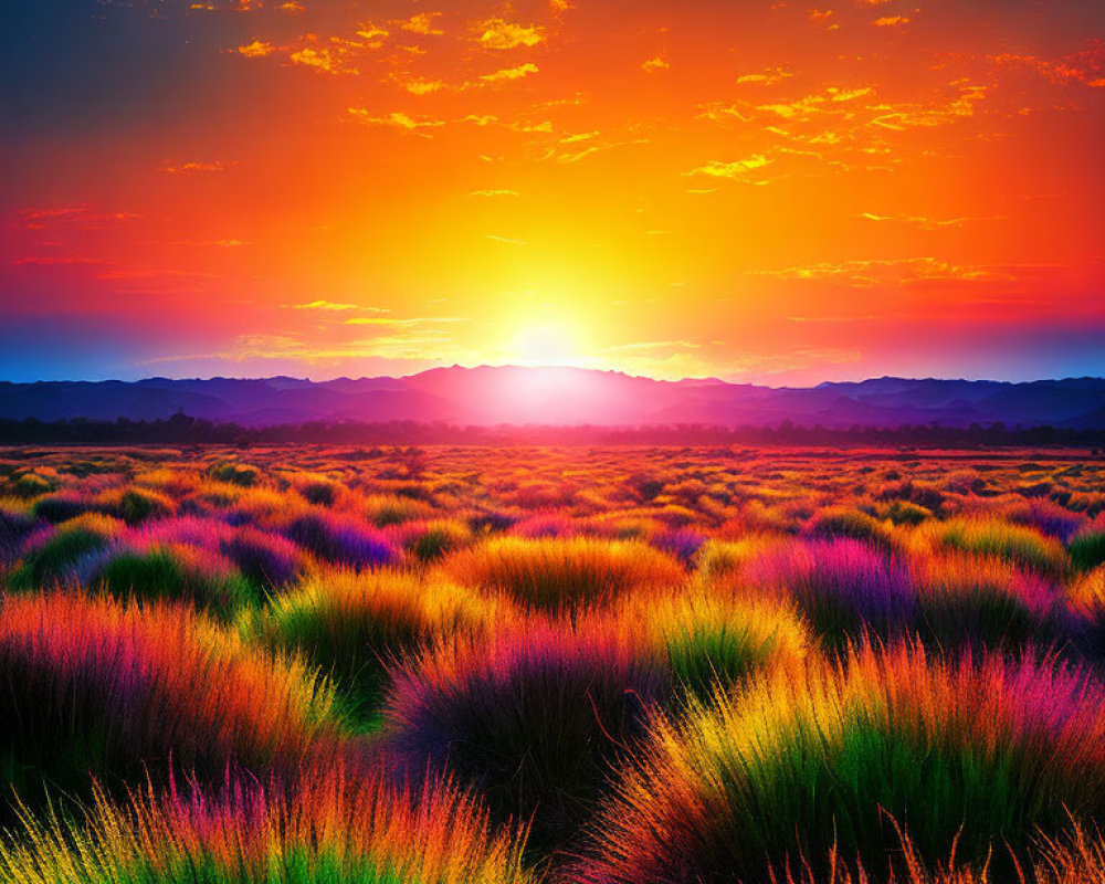 Colorful Tussocks in Vibrant Sunset Field