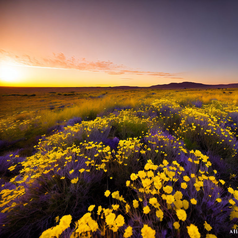 Colorful Sunset Over Blooming Field with Yellow and Purple Wildflowers
