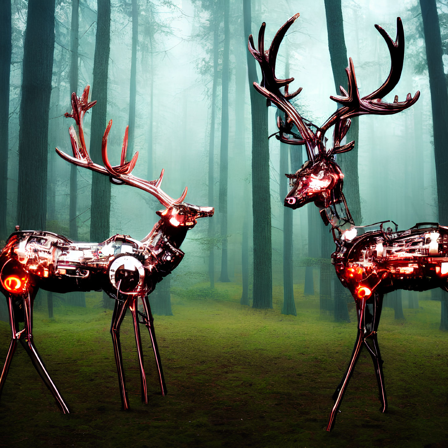 Mechanical deer with glowing red eyes in misty forest