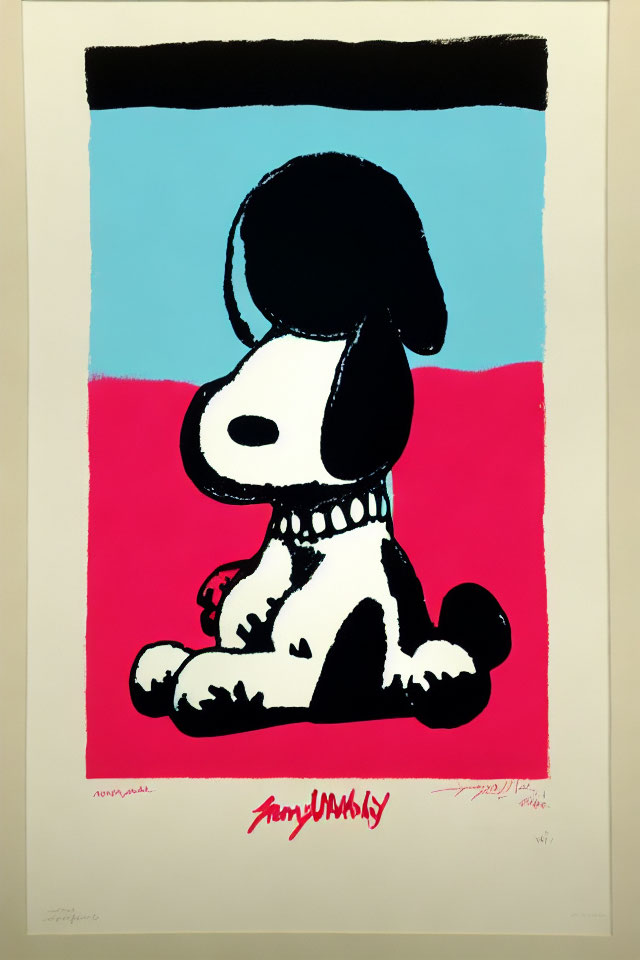 Snoopy Character Artwork with Bold Outlines on Blue and Pink Background