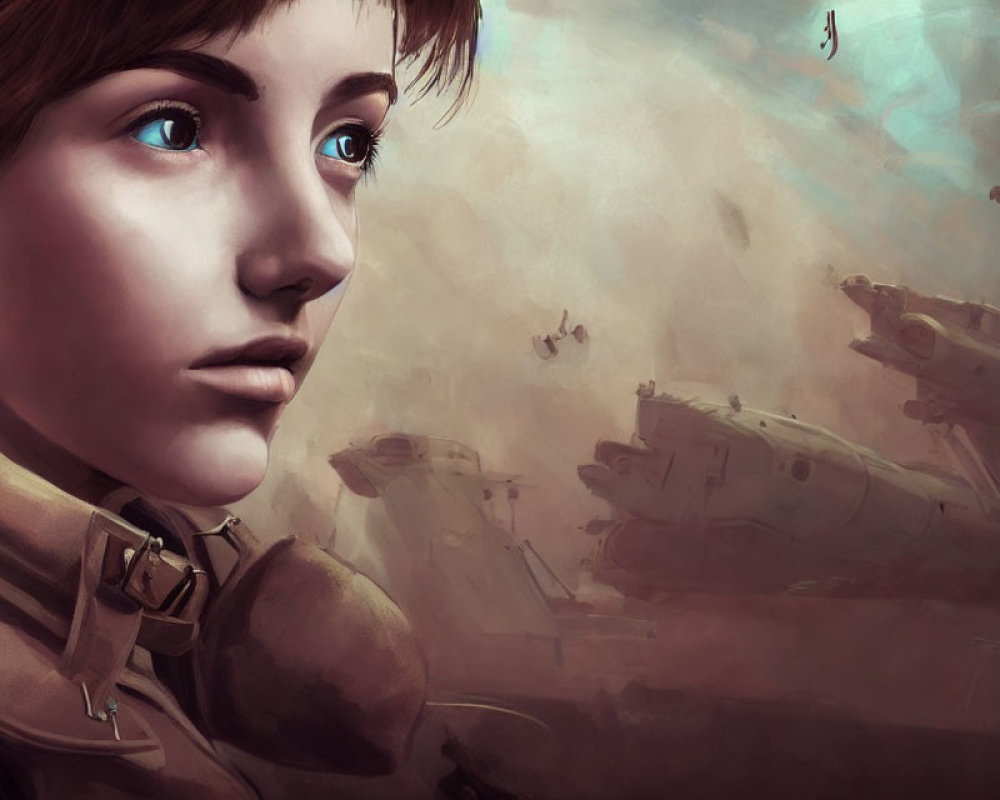 Futuristic digital painting of young woman in militaristic outfit with airships in war-torn setting