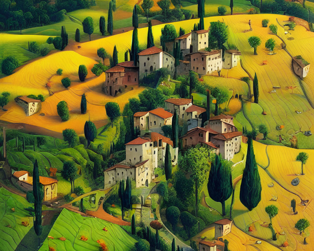 Tranquil Tuscan landscape: rolling hills, cypress trees, wheat fields, villas under