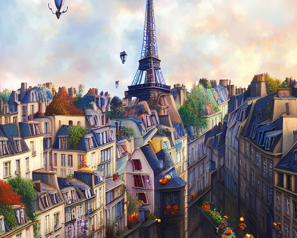 Exaggerated Parisian street scene with Eiffel Tower and vibrant flowers