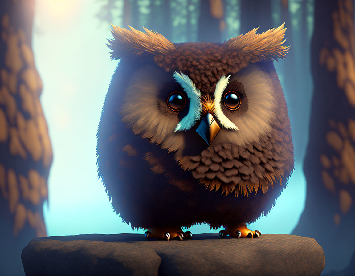 Plump owl with expressive eyes perched on rock in misty forest.
