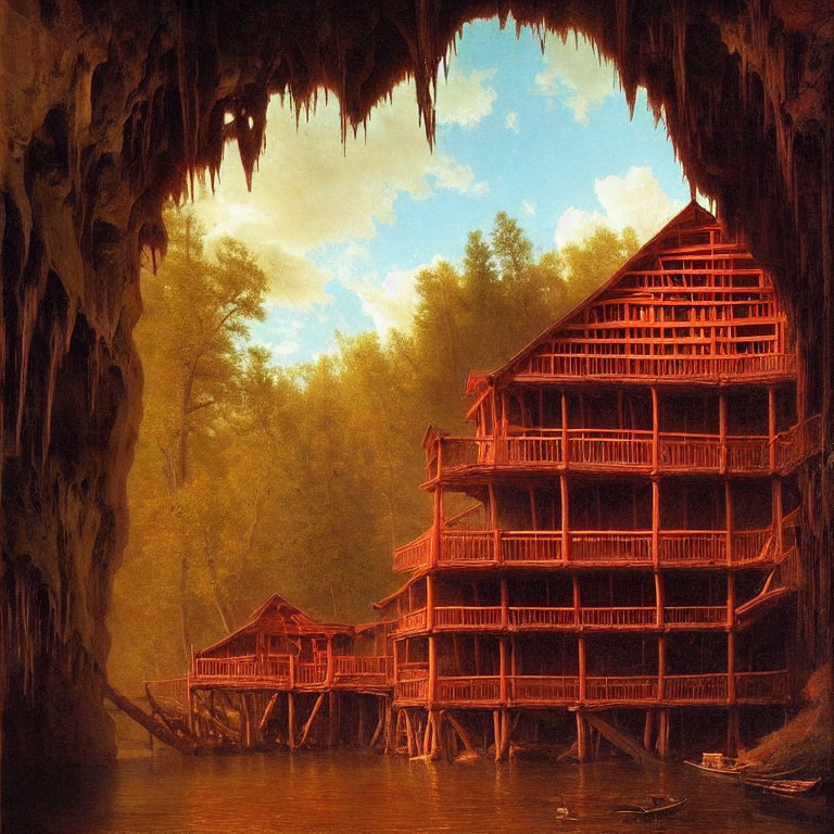 Large wooden house on stilts above calm waters in forest setting with cave-like overhang.