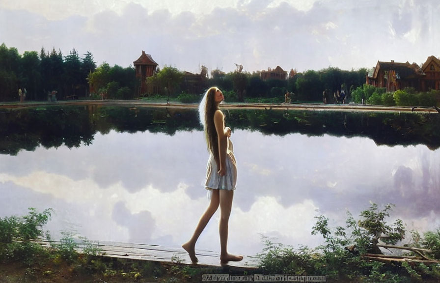 Tranquil painting of a woman by a still lake with reflections and greenery