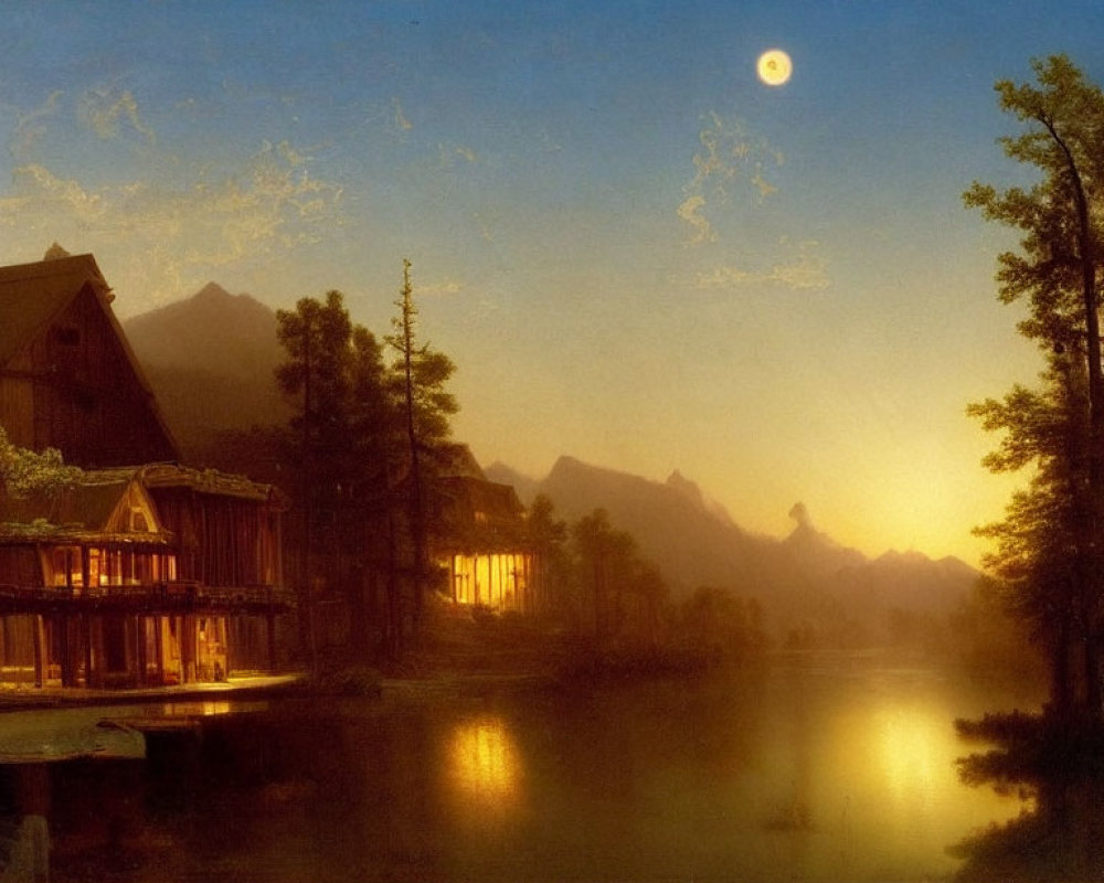 Tranquil lake at dusk with mountains, full moon, and rustic cabins