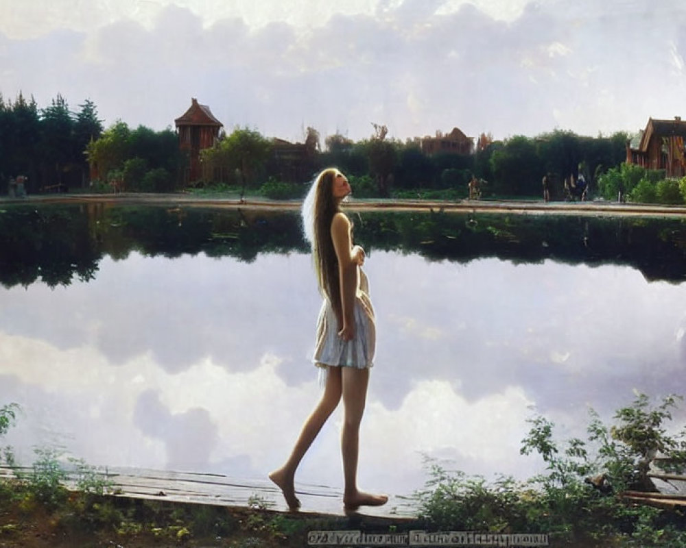 Tranquil painting of a woman by a still lake with reflections and greenery