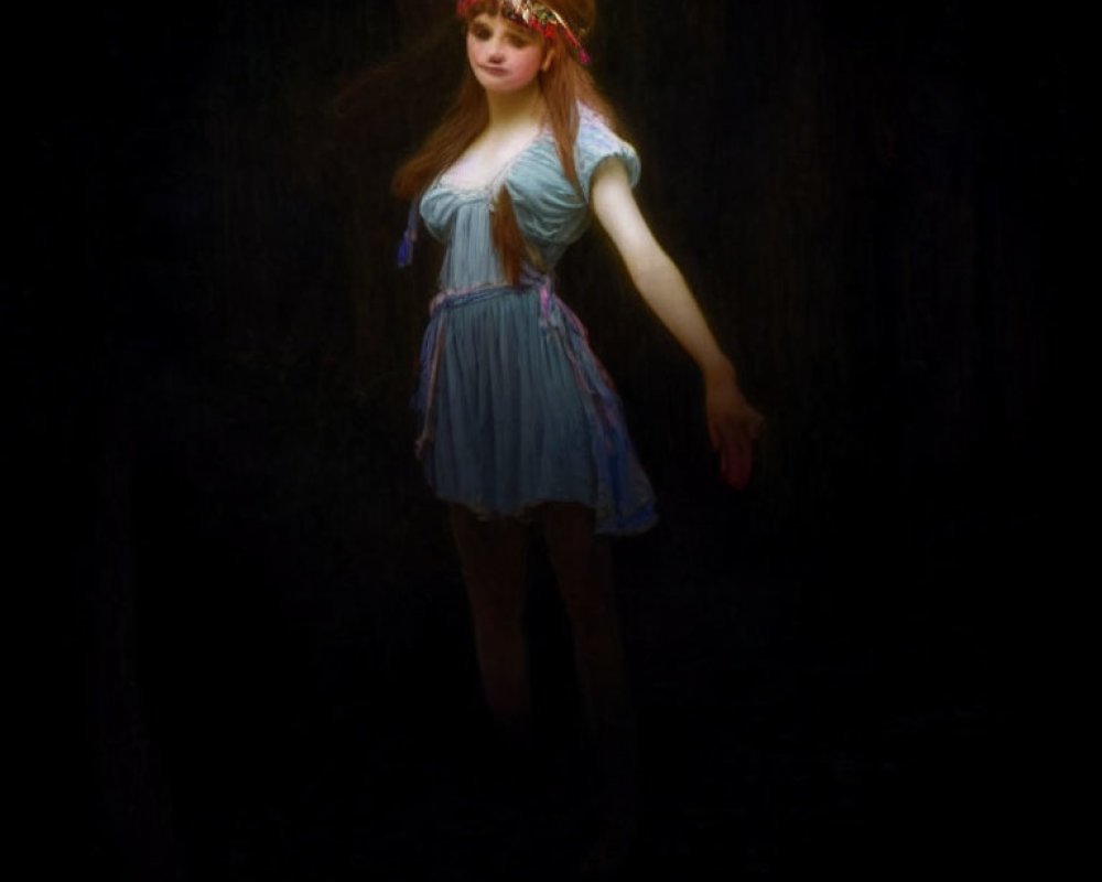 Young woman in blue dress and red headband in dimly lit setting.