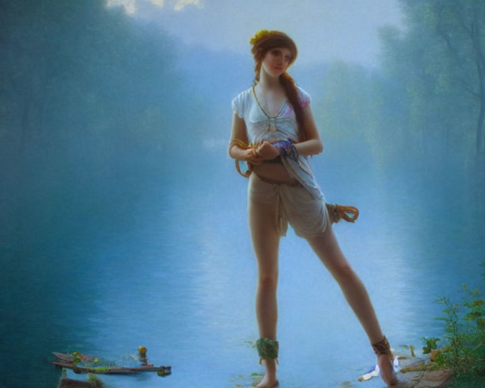 Digital composite of modern girl in shorts and sneakers blending with classical landscape painting