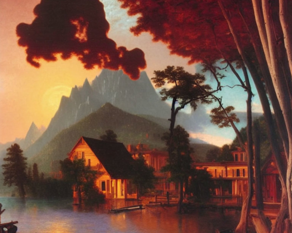Scenic lakeside village painting with vibrant colors and sunset ambiance