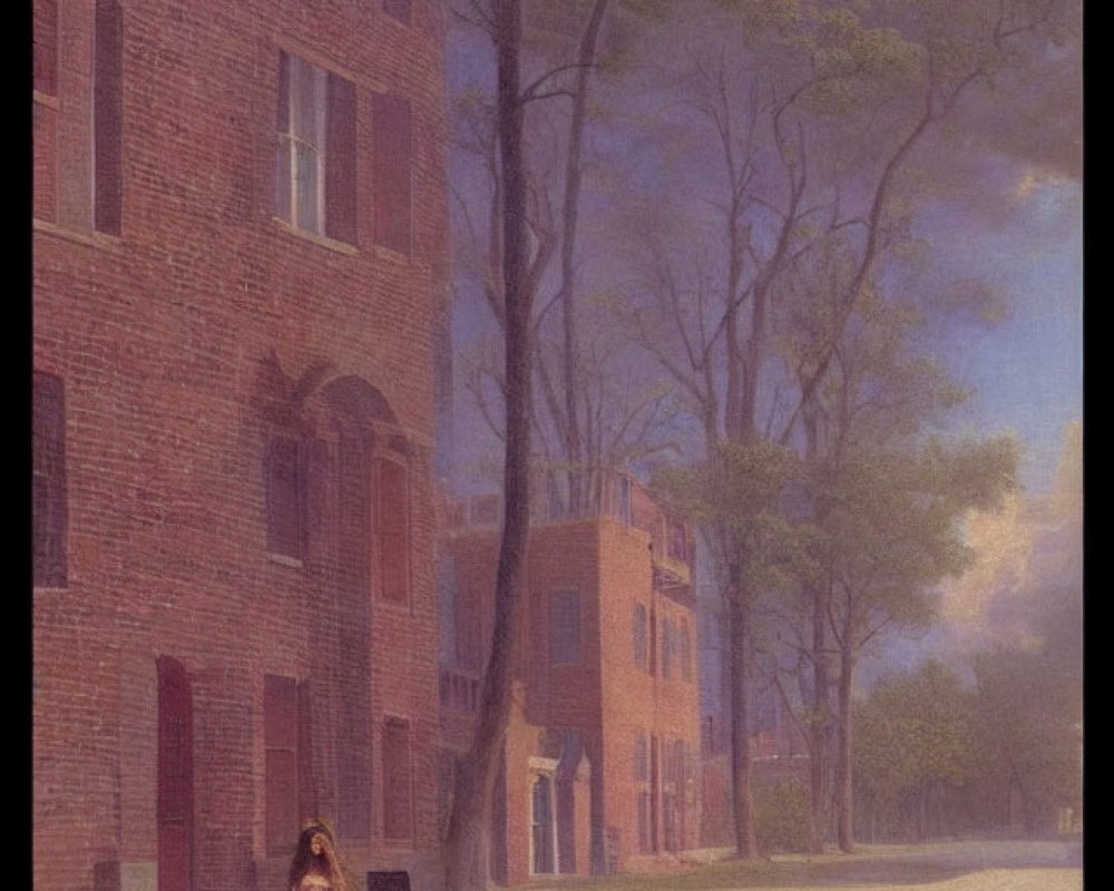 Woman in red dress on serene street at dusk with pinkish buildings and glowing sky