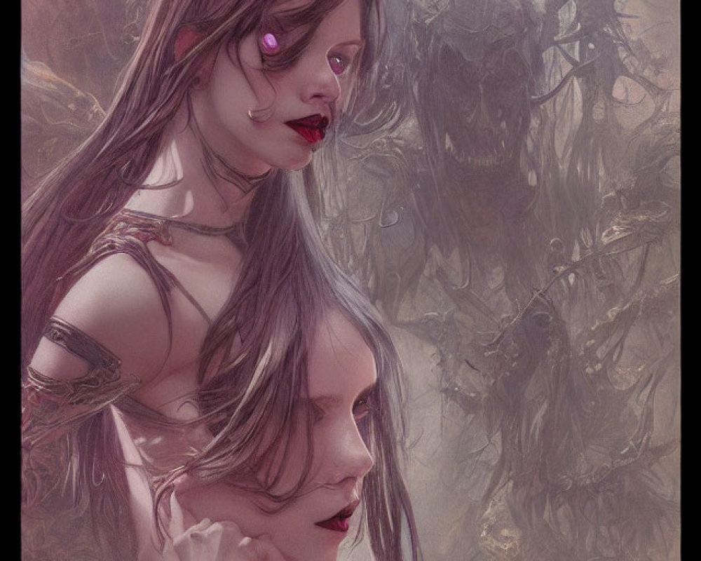 Gothic fantasy art of pale woman with dark makeup and winged creature