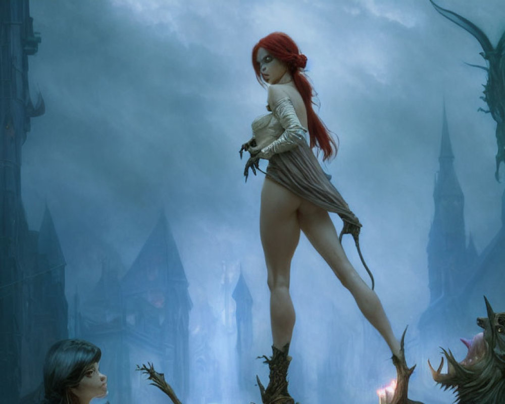 Red-haired woman in fantasy attire in gothic landscape with monsters.