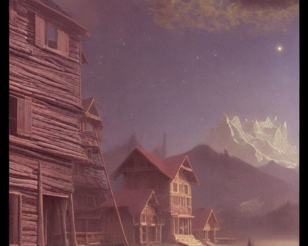 Tranquil night scene: full moon, wooden houses on stilts, lake, mountains, star
