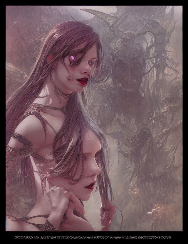 Gothic fantasy art of pale woman with dark makeup and winged creature