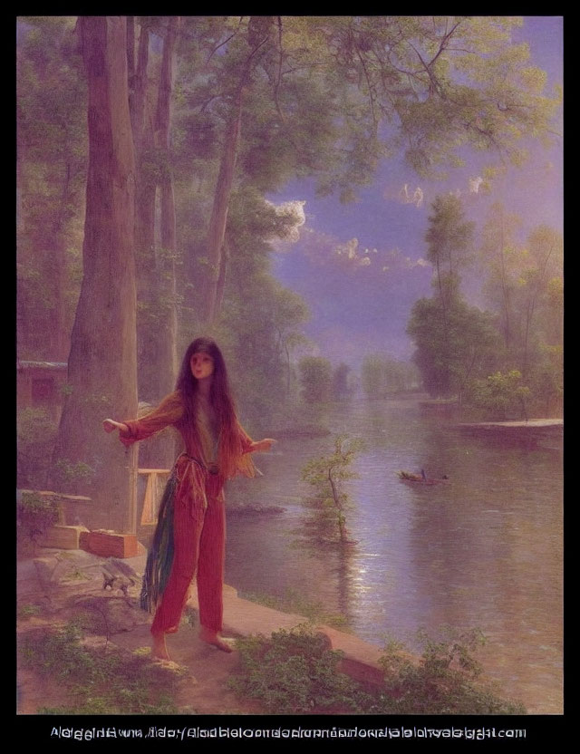 Young woman in colorful attire by tranquil river with boat and cat