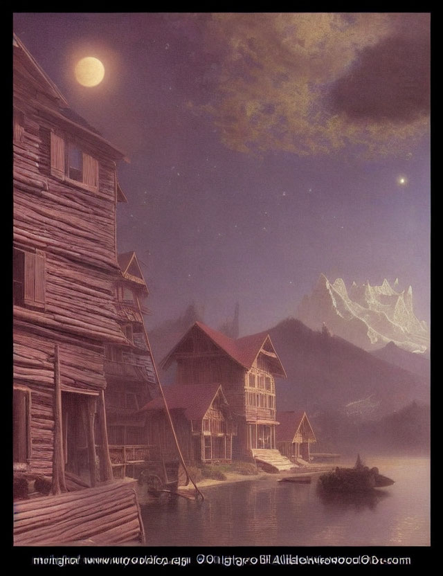 Tranquil night scene: full moon, wooden houses on stilts, lake, mountains, star