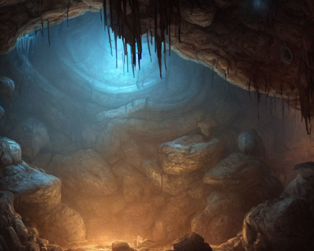 Mysterious Cave with Warm and Blue Glowing Lights