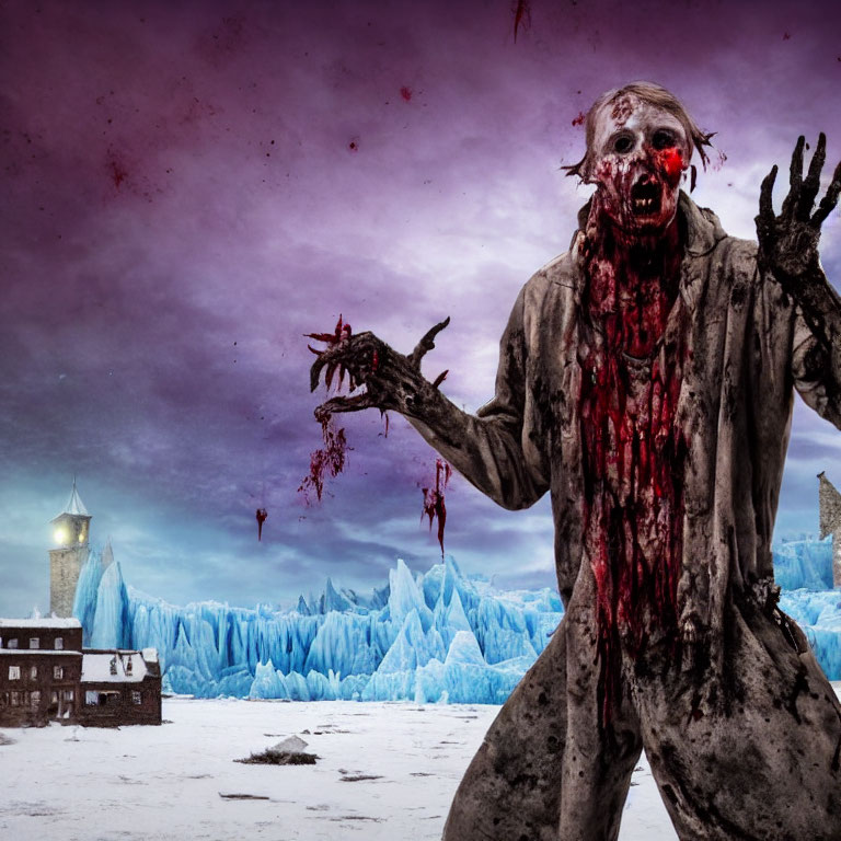 Blood-covered zombie in torn clothing on spooky icy landscape