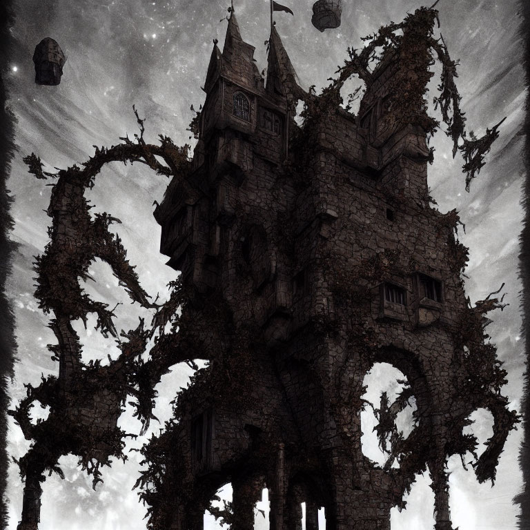 Gothic castle with twisted trees under cloudy sky and floating rocks