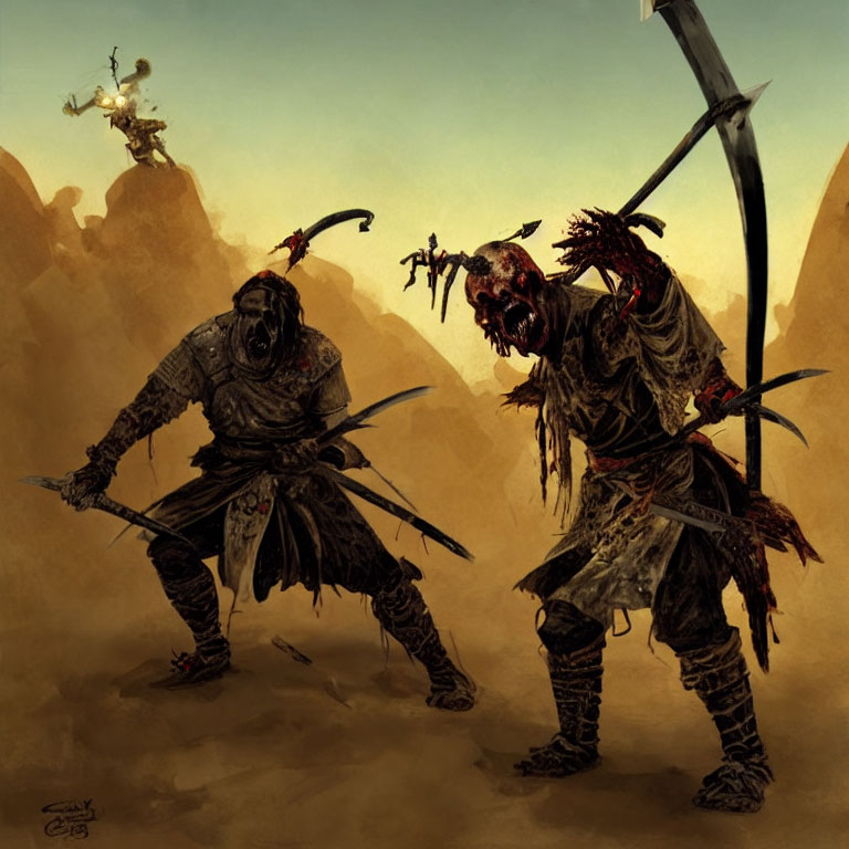 Fantasy warriors in desert landscape with sharp weapons and rugged armor
